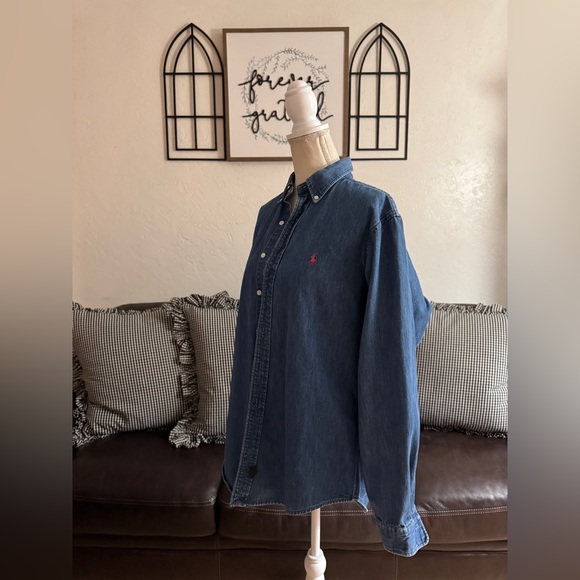 Vintage Ralph Lauren Polo Country Blue Denim Button Down Shirt Size L Red Pony - Picture 2 of 12